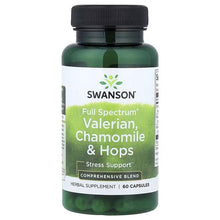 Herbal supplement bottle with black cap, label reads Valerian, Chamomile & Hops