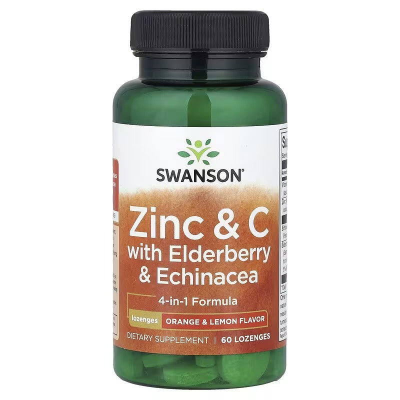 Swanson Zinc & C with elderberry & echinacea lozenges bottle, orange and lemon flavor