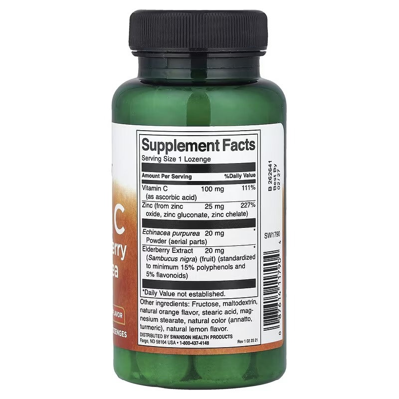 Supplement Facts panel on green Swanson Zinc & C bottle, 60 lozenges
