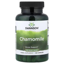 Chamomile herbal supplement bottle front label, 350 mg per capsule, 120 capsules