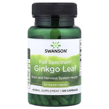 Herbal ginkgo leaf supplement bottle, black cap; Full Spectrum label, 120 capsules