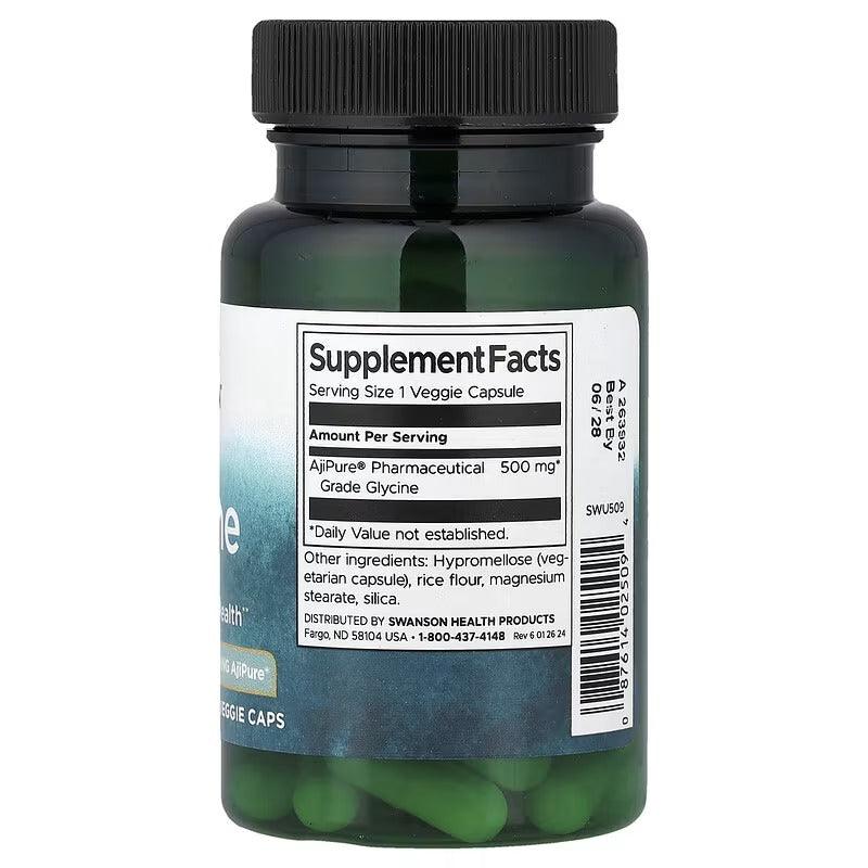 Glycine supplement facts label on dark green veggie capsule bottle with black cap