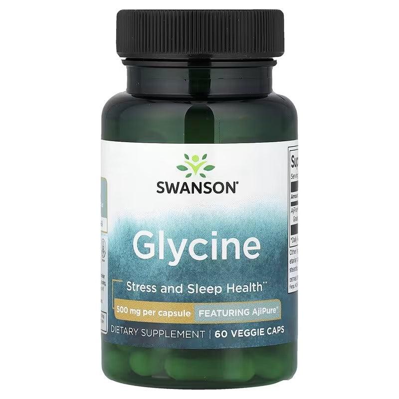 Swanson Glycine bottle front label on dark green container with black lid