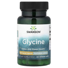 Swanson Glycine bottle front label on dark green container with black lid