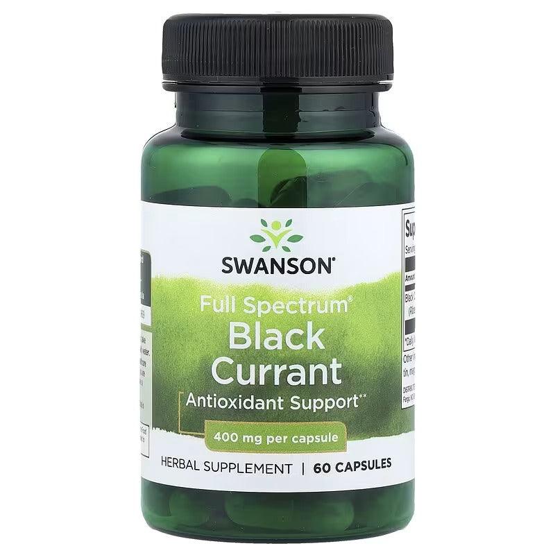 Green bottle with black cap, SWANSON Full Spectrum Black Currant label, 400 mg per capsule