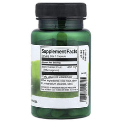 Green supplement bottle with black cap, Supplement Facts label, black currant 400 mg