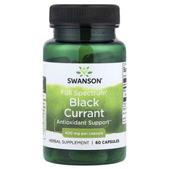 Green bottle with black cap, SWANSON Full Spectrum Black Currant label, 400 mg per capsule