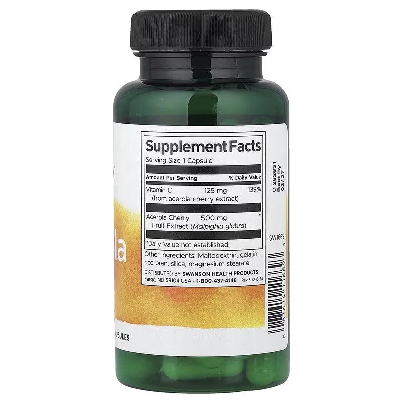 Acerola vitamin supplement bottle with black cap and Supplement Facts label