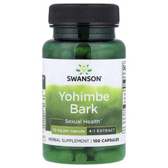 Swanson Yohimbe Bark herbal supplement bottle, 100 capsules, green with black cap