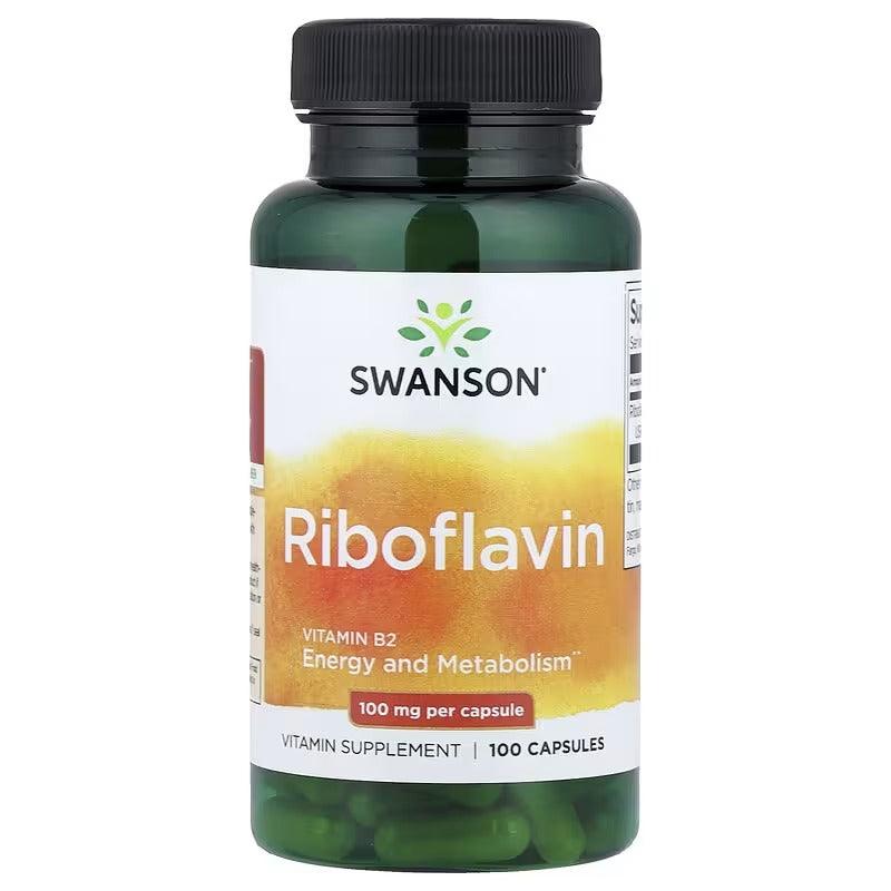 Riboflavin 100 mg supplement bottle with SWANSON label and 100 capsules