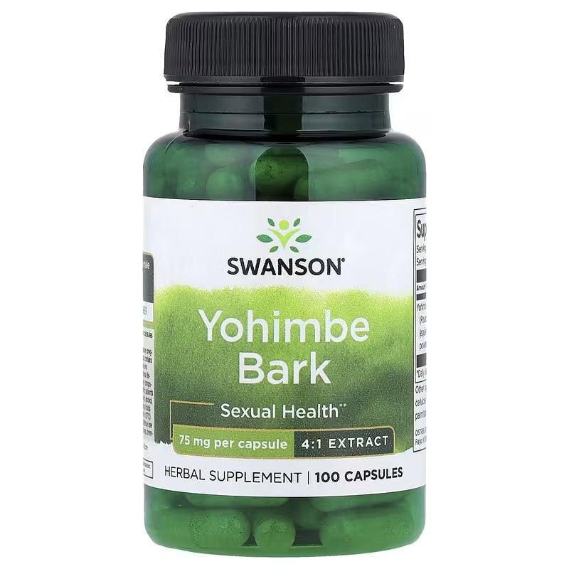 Swanson Yohimbe Bark herbal supplement bottle, 75 mg per capsule, 100 capsules