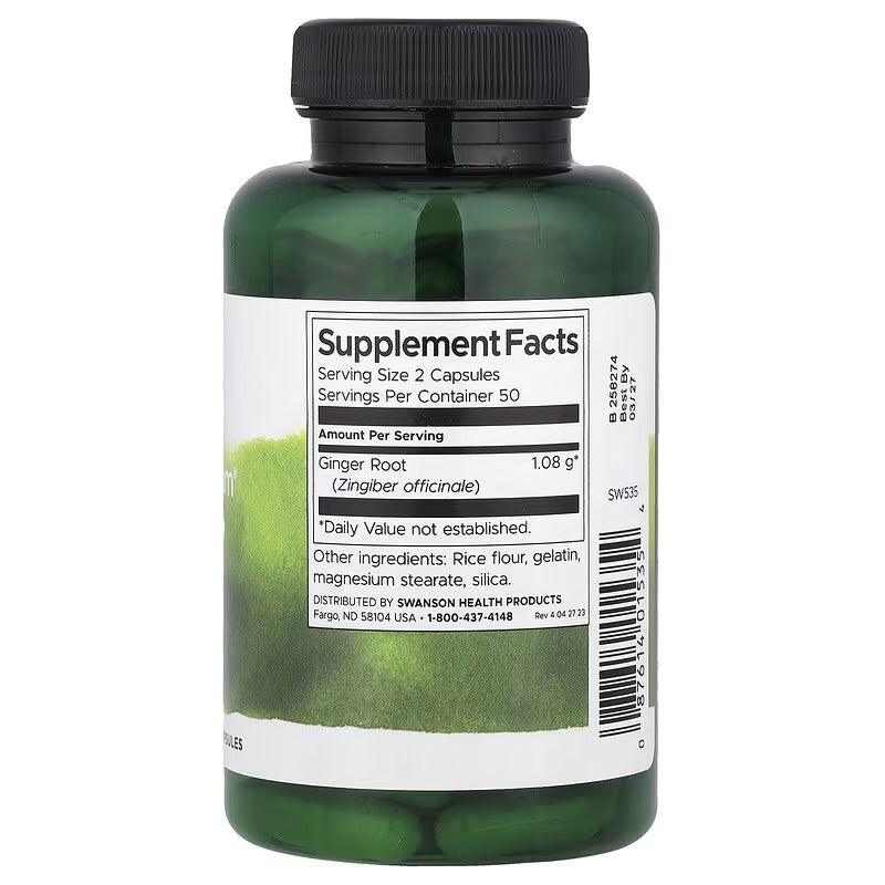 SWANSON ginger root supplement bottle, Supplement Facts label with serving size