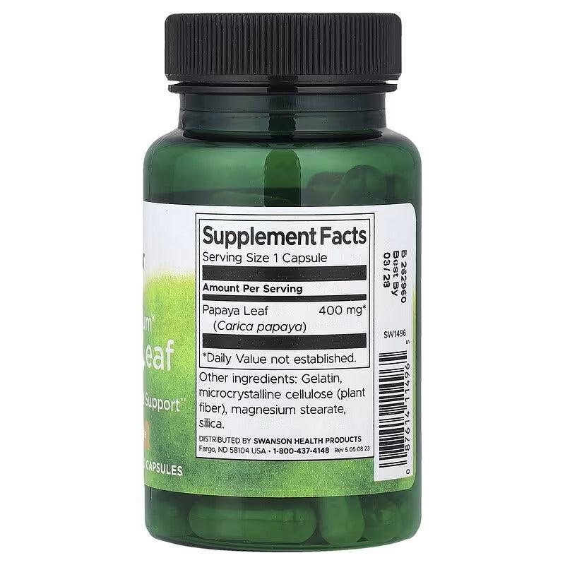 Swanson papaya leaf supplement bottle, Supplement Facts back label, 400 mg