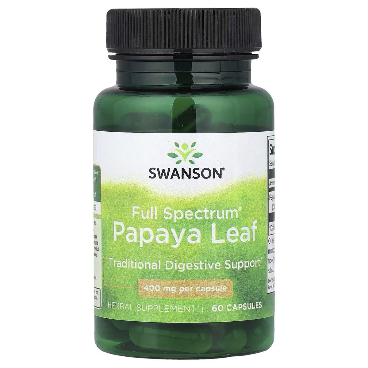 Swanson papaya leaf supplement bottle with 400 mg capsule front label