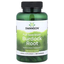 Swanson herbal supplement bottle with Full Spectrum Burdock Root label, 100 capsules