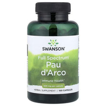 Herbal supplement bottle with Swanson Full Spectrum Pau d'Arco Immune Health label