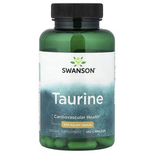 Swanson Taurine dietary supplement bottle, green with front label and 100 capsules
