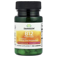 Swanson Vitamin B12 with Folate supplement bottle, strawberry flavor, 100 pastilles