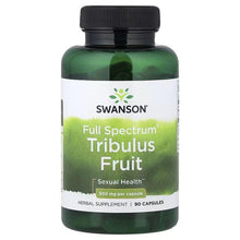 Swanson Full Spectrum Tribulus Fruit supplement bottle, green bottle, black cap, front label
