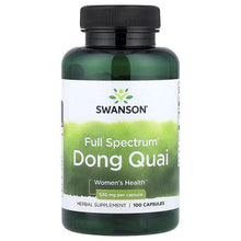 Swanson Full Spectrum Dong Quai supplement bottle, green with black cap and front label