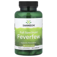 Green herbal supplement bottle with black cap, front label 'Full Spectrum Feverfew'