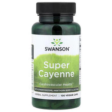 Green bottle with black cap, Super Cayenne herbal supplement front label