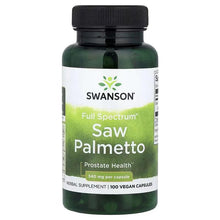 Green Swanson saw palmetto supplement bottle with black cap and front product label.