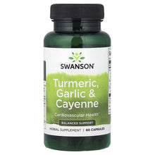 Swanson turmeric, garlic & cayenne herbal supplement bottle with green label and dark cap
