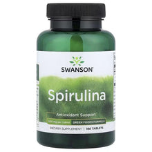 Swanson Spirulina dietary supplement bottle, green bottle with black cap, 500 mg tablets