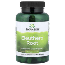 Eleuthero Root herbal supplement bottle, dark green with SWANSON front label.