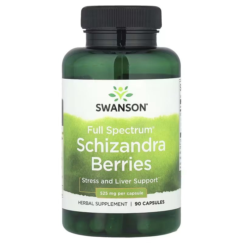 Full Spectrum Schizandra Berries herbal supplement bottle, 90 capsules, green