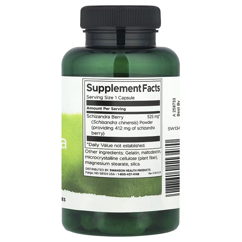 Supplement Facts label on green bottle for Schizandra berry powder, 525 mg
