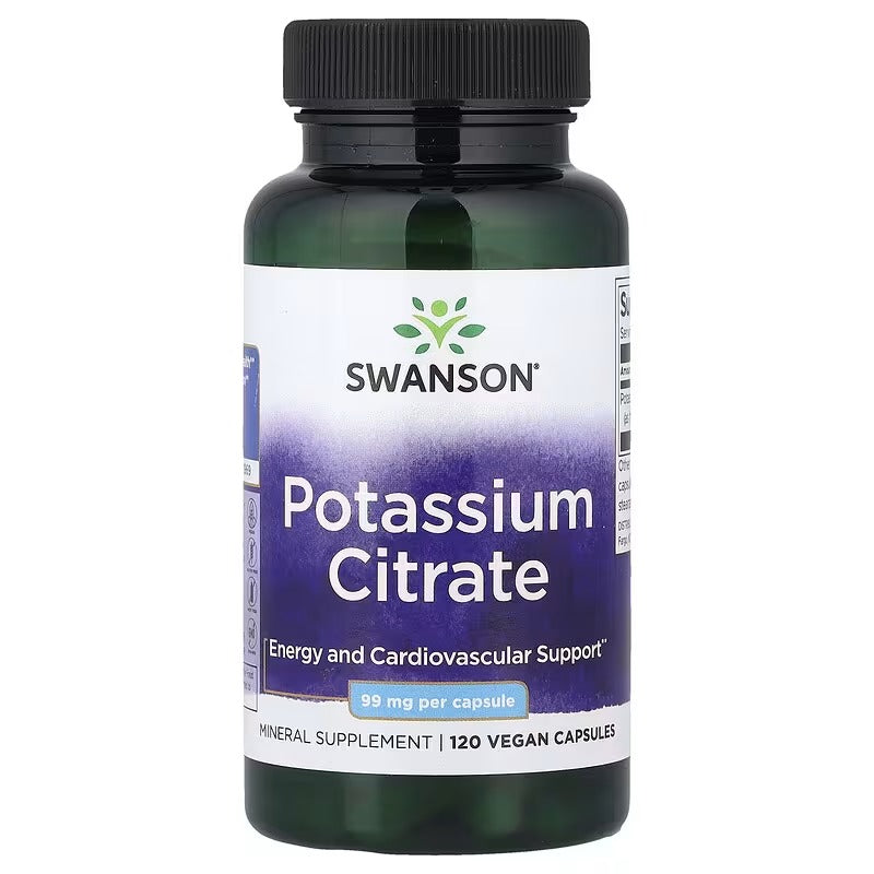 Swanson Potassium Citrate 99 mg supplement bottle with black cap, front label