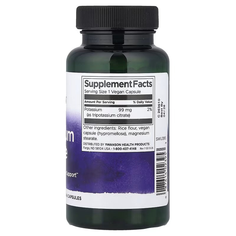 Swanson Potassium Citrate bottle, back Supplement Facts label with barcode