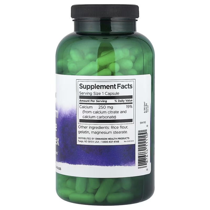 Swanson Calcium Citrate Complex supplement facts label on bottle, 1 capsule serving
