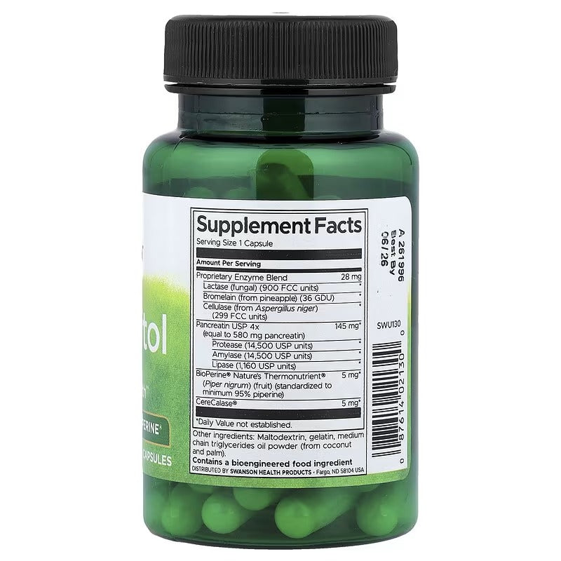 Swanson Digestitol supplement facts label on green bottle with black cap