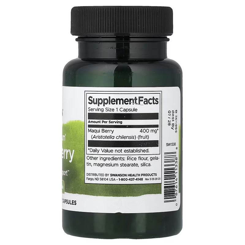Swanson Maqui Berry supplement facts label on dark green bottle with black cap