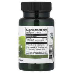 Swanson Maqui Berry supplement facts label on dark green bottle with black cap