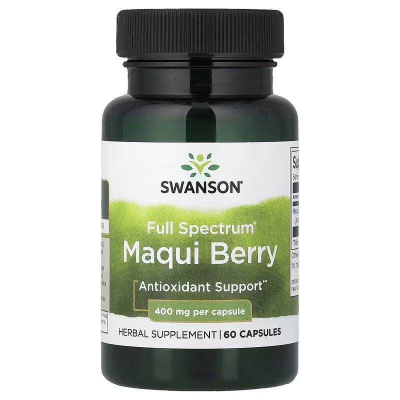Swanson Full Spectrum Maqui Berry supplement bottle, black cap, 400 mg, 60 capsules
