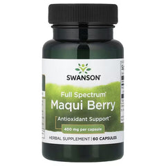 Swanson Full Spectrum Maqui Berry supplement bottle, black cap, 400 mg, 60 capsules