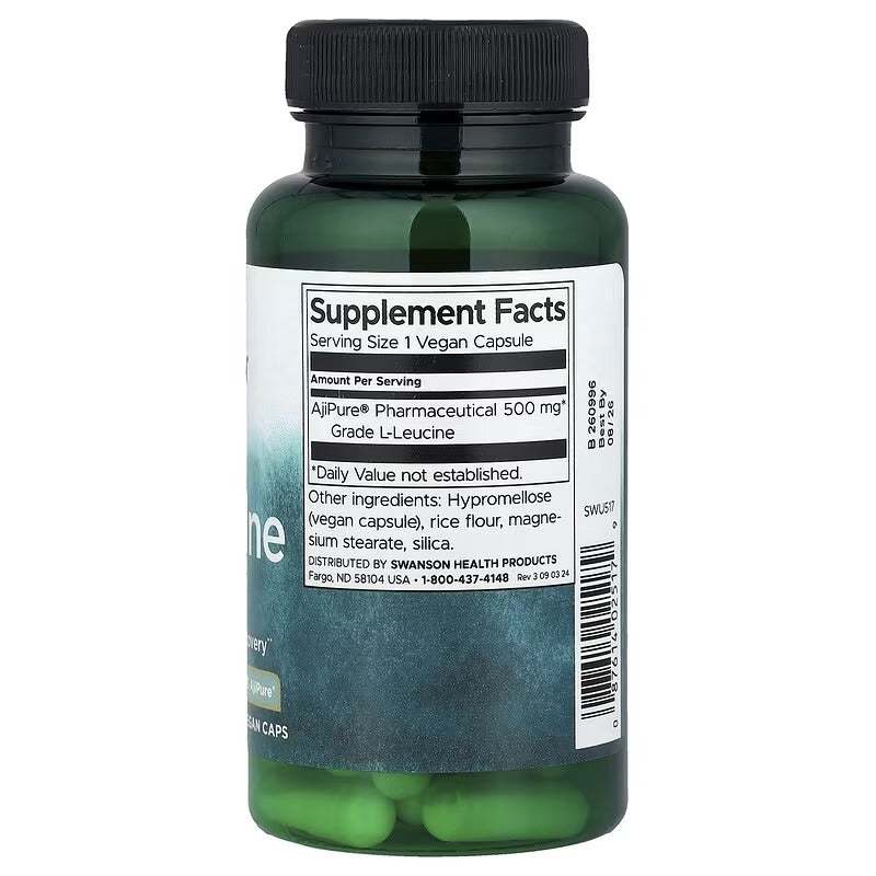 L-Leucine supplement facts label on bottle with black cap, vegan capsules