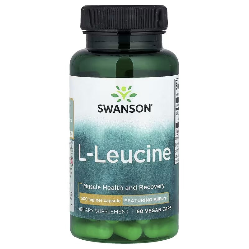L-Leucine 500 mg supplement bottle, black cap, 60 vegan capsules