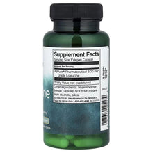 L-Leucine supplement facts label on bottle with black cap, vegan capsules