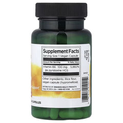 Swanson Vitamin B6 Pyridoxine vegan capsules bottle, Supplement Facts with 100 mg per capsule