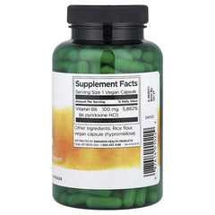 Swanson Vitamin B6 Pyridoxine vegan capsules bottle, back label Supplement Facts, barcode
