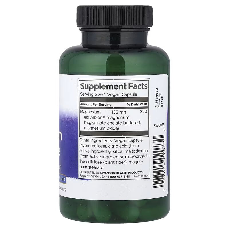 Magnesium glycinate supplement bottle back label with Supplement Facts and barcode