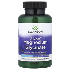 Magnesium glycinate supplement bottle with black cap, Swanson Albion label on front