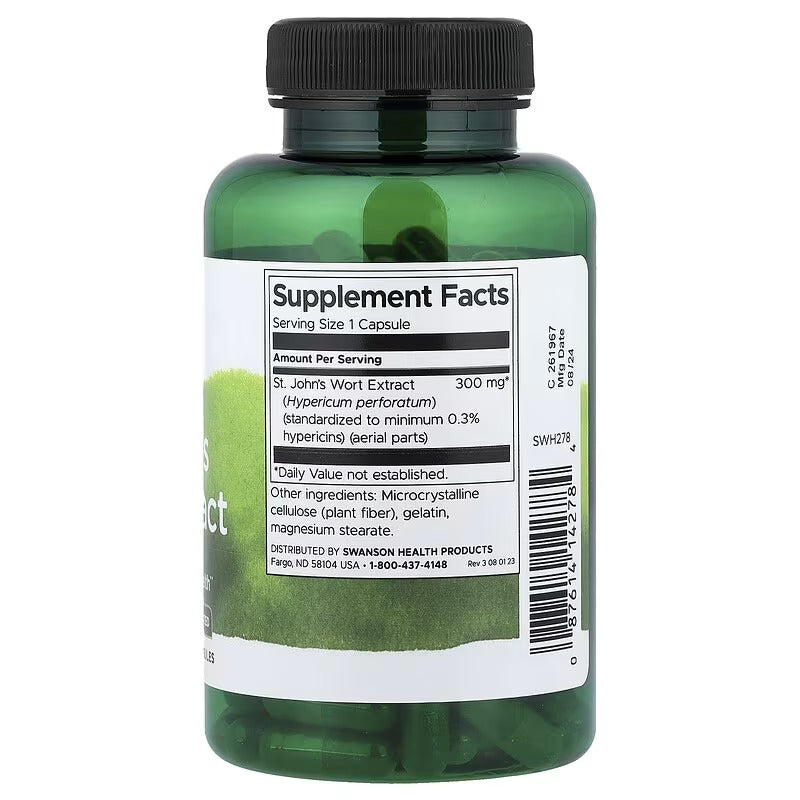 Swanson St. John's Wort extract supplement bottle with Supplement Facts panel