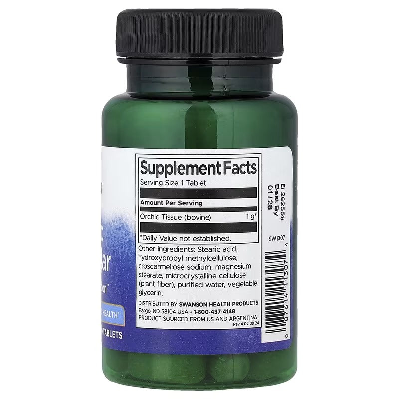 Swanson Orchic Glandular supplement bottle with black cap, label details visible