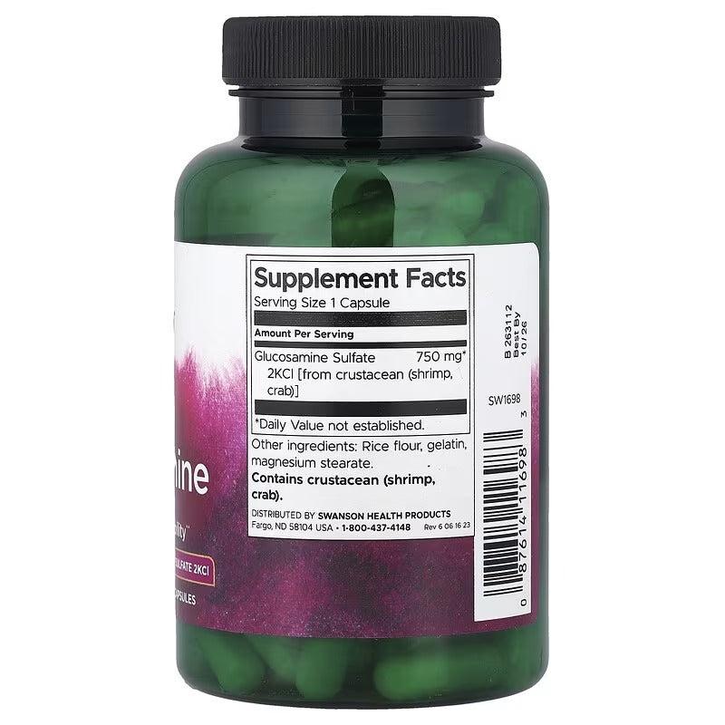 Glucosamine supplement bottle with dark cap, green bottle and back Supplement Facts label